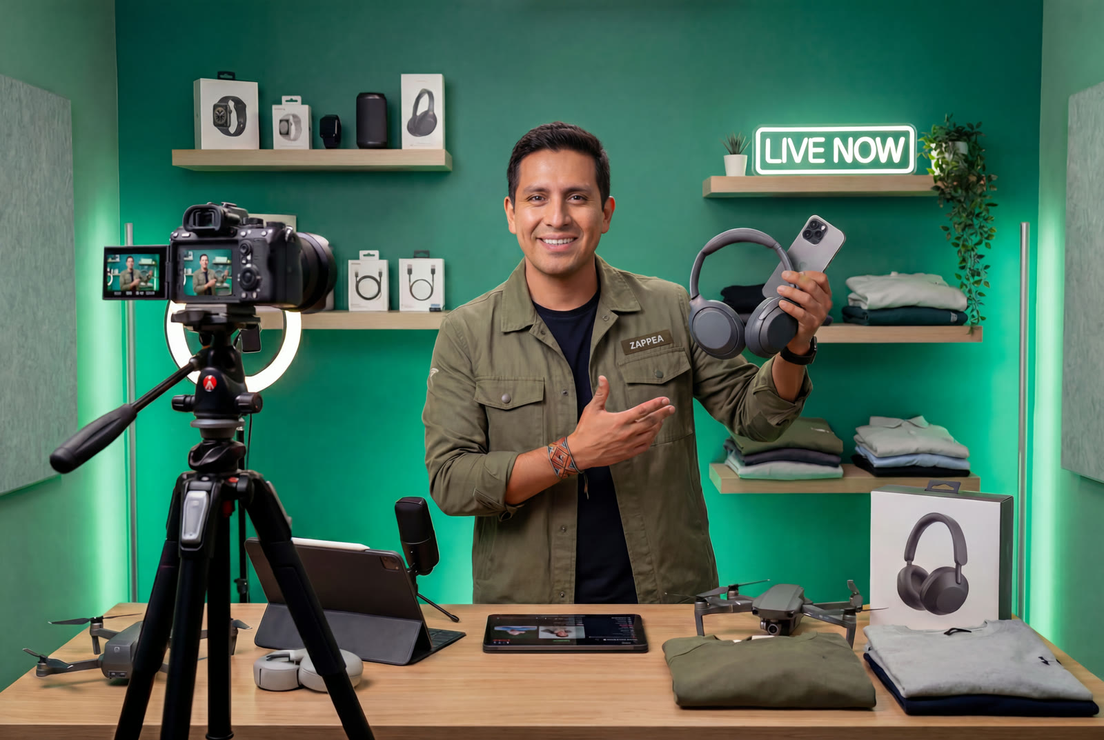 Streamer de Zappea presentando productos en vivo